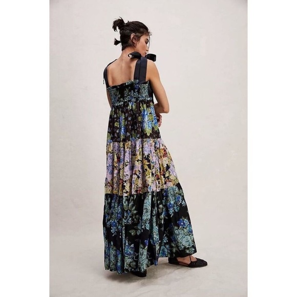 Free People Bluebell Boho Maxi Dress Ribbon Straps Floral Cool Combo - Picture 4 of 16